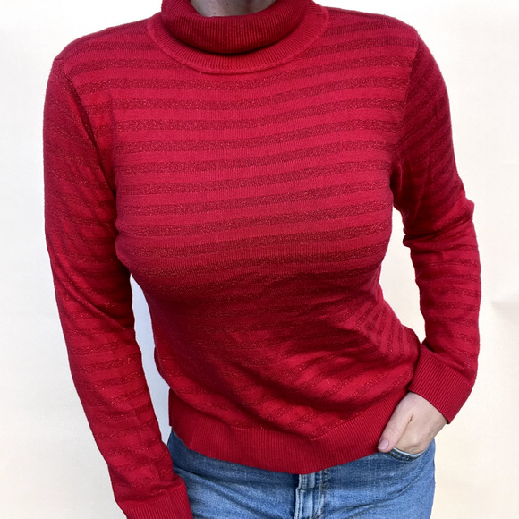 Charter Club Sweater Womens Medium Petite Red Striped Cotton Turtleneck Pullover - Picture 11 of 11